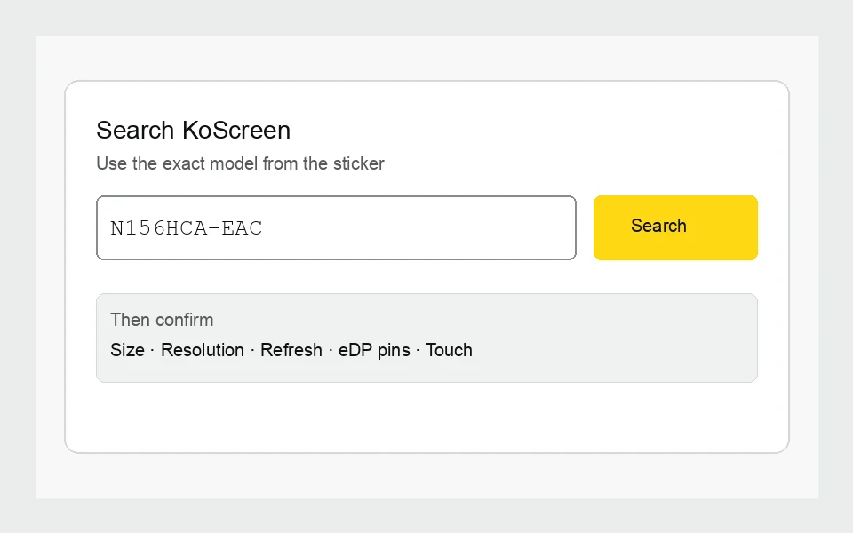 Illustration of searching KoScreen by panel part number